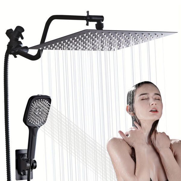 High Pressure 4 Setting Handheld Shower Head Combo, Flexible Curved Shower Extension Arm Height Adjustable, Shower System, Extra Long Shower Hose