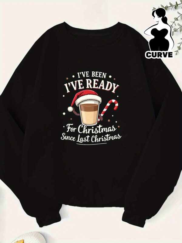 Women's Plus Size Christmas Sweatshirt - Festive Candy Cane & Coffee Cup Cartoon Design, Cozy Polyester Pullover with Round Neck for Autumn/Winter