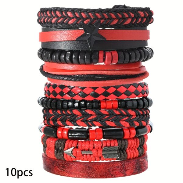 10pcs Gothic Style Black and Red Multi-Layer Braided Faux Leather Wristband Set with Arrow and Star Decorations - Suitable for Men and Women, Daily Wear - Perfect Gift for Family or Friends - Valentine's Day or Birthday Present