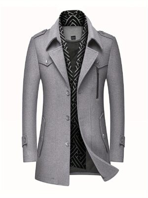 INVACHI Men'S Wool Blend Coat, Casual Style, Notched Collar, Single Breasted, Regular Fit, Long Sleeve, Solid Color, Button Closure, Non-Waterproof, for Fall/Winter, Polyester Lining, Trench Coat with Detachable Soft Scarf