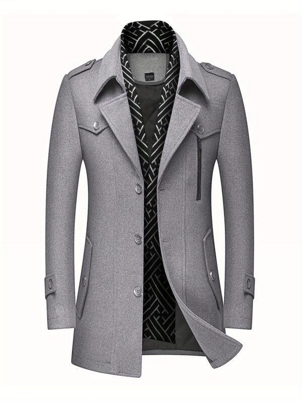 6154bc5a-24af-43af-ab25-2cac6d799dde.jpg INVACHI Men'S Wool Blend Coat, Casual Style, Notched Collar, Single Breasted, Regular Fit, Long Sleeve, Solid Color, Button Closure, Non-Waterproof, for Fall/Winter, Polyester Lining, Trench Coat with Detachable Soft Scarf