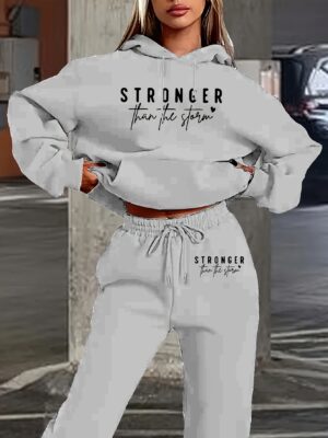 6267166f-dba4-4d5c-847c-7c70fdad0723.jpg Women'S Casual Two-Piece Set - "Stronger Than the Storm" Letter Print Hoodie & Pants, White, Loose Fit with Pockets, Perfect for Fall/Winter, Comfortable Clothing | Relaxed Fit Hoodie | Drawstring Pants
