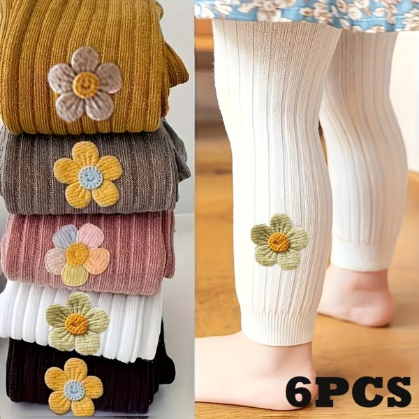 6pcs Girls' Floral Side Smile Leggings - Stretchy Cropped Pants with Cute Flower Accents, Soft Polyester Blend, All-Season Comfort, Hand Wash Only, Variety of Colors Available, Cute Leggings for Youngster