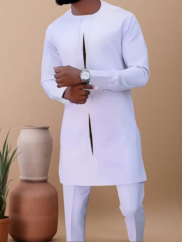 62725d78-c98a-46f6-8c7b-9290e6bc0228.jpg Solid Color Fashion Men'S White Two-Piece Set: Long Sleeve Shirt & Pants with Chest Pocket, Regular Fit, Laser-Cut Print, Perfect for Weddings, Parties, and Casual Outings, Party Attire, Nonstretch Fabric