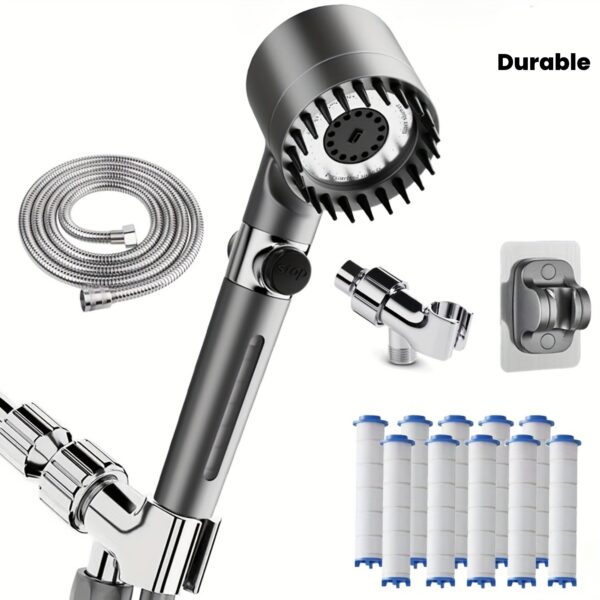 High-Pressure Handheld Showerhead with Ion Exchange Filter - 59" Stainless Steel Hose, 3 Spray Modes, 10 Replaceable Filters for Hard Water, Wall-Mounted, Hard Water Solution|Modern Shower Design|Durable Construction, Shower Accessories