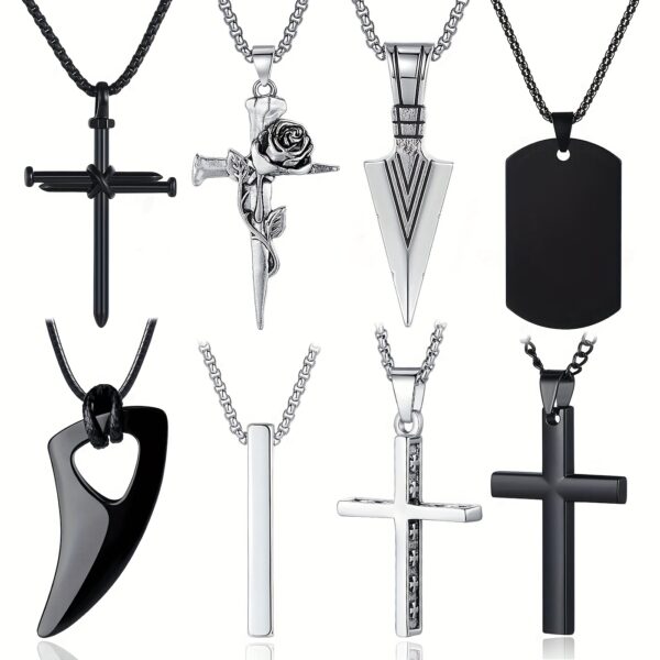 8 Men's necklaces, Men's jewelry set with Stainless Steel necklaces, cross pendant necklace, chain length 16-24 inches