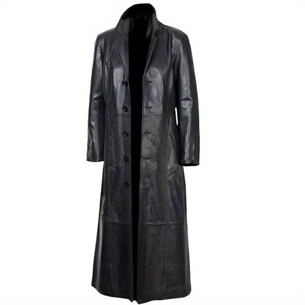 Chic Imitation Faux Leather Long Trench Coat for Men - Full-Length Winter Outerwear, Classic Military Officer Style, Black Biker Jacket, Casual Wear, Durable