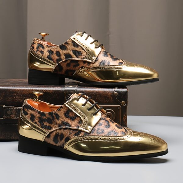 Men's Leopard Print Oxfords with Golden Accents - Stylish Pointed-Toe Lace-Up Dress Shoes for Weddings, Parties & Business Casual Events, Party Accessories | Brogue Detailing | Durable Dress Shoes