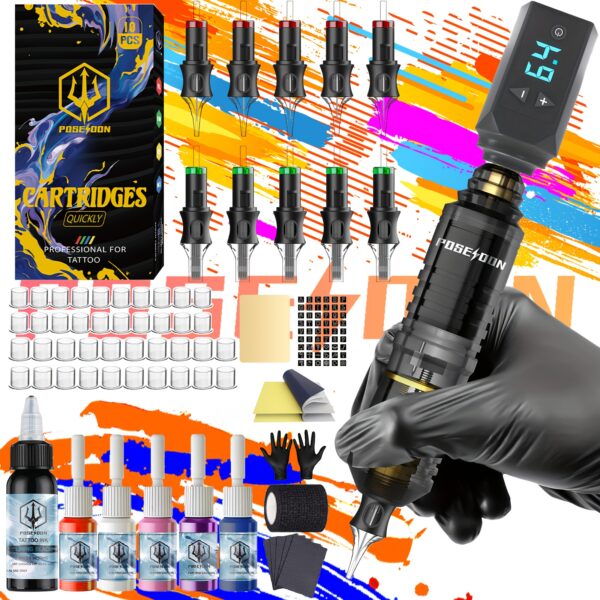 POSEIDON Tattoo Tools Valentine'S Day Gift Tattoo Pen Kit - POSEIDON Wireless Tattoo, Tattoo Gun Kit With Tattoo Power Supply And 10pcs Tattoo Cartridge Needles, Complete Tattoo Kit 6 Color Tattoo Inks Tattoo Supplies For Beginners