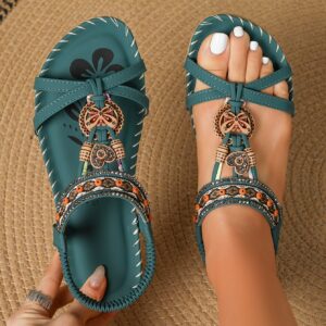 65d07ee8-89ed-4b3e-b0eb-3425b118ad1b.jpg Tribal Style Striped Flats for Women, Summer Beach Sandals with Rhinestone Accents, Open Toe Slip-on with TPR Sole, Bohemian Casual Vintage Flat Heel Shoes - Huizhou Production