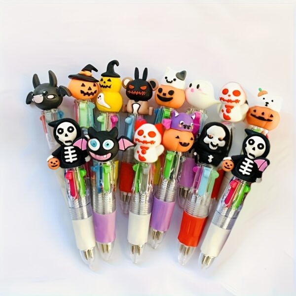 Set of 30 Halloween-Themed Mini Pens Featuring Eerie Character Toppers in a Mix of Four Colors (Green, Blue, Pink, Red). These Sturdy Plastic Pens Do Not Require Batteries And Are Perfect for Party Favors, Gifts, And Office Supplies.