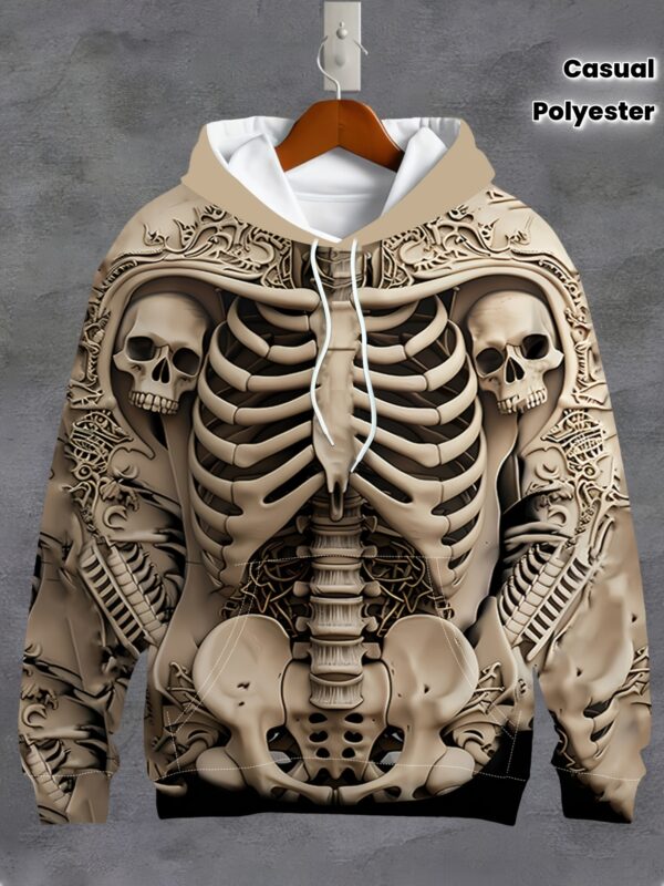 Men'S 3D Skull Printed Long Sleeve Hoodie - Casual Hoodie with Strap Pocket, Knitted Polyester Fabric, Stretch Version, Autumn/ Winter Collectibles
