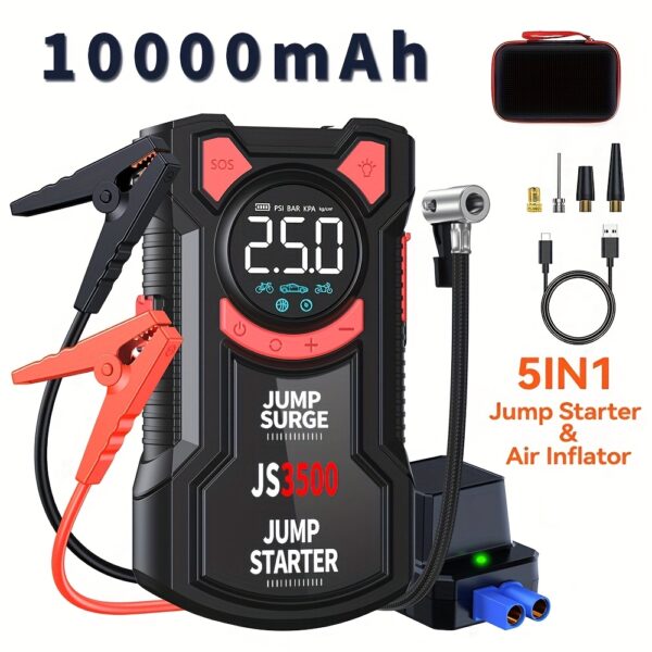 Jump Starter With Air Compressor, 5 In 1 Function Jump Box 5000A Peak 150PSI Jump Starter Battery Pack With Digital Tire Inflator, Car Battery Charger Portable (for All Gasor Up to 2.64gal Diesel) Fast Charging USB Output, LED Emergency Lighting