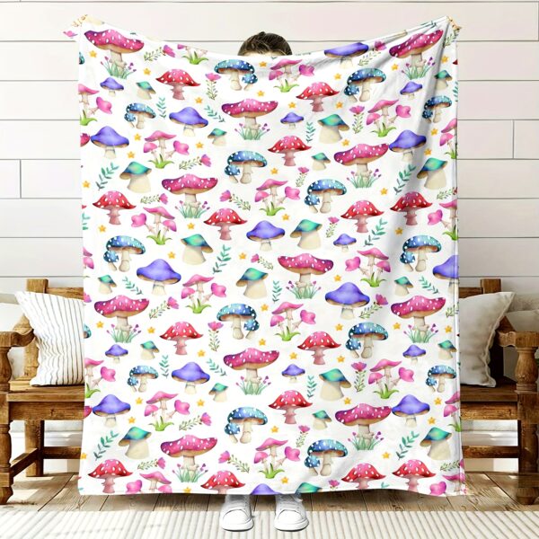 Mushroom Printed Fleece Blanket: Cozy and Soft for All Seasons - Perfect for Home, Office, or Camping - Durable and Tear-Resistant - 100% Polyester