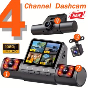 4-Channel Car Dash Cam with 1080p Full HD Video Capture - Universal Mount, Rearview, Left & Right Side Cameras, Push Button Control, Rechargeable Lithium Battery, Auto Orientation, 2.0" Touchscreen Display, Rearview Camera for Car, Truck, Motorcycle, ATV, Motor Scooter | Touchscreen Display | Push Button Control