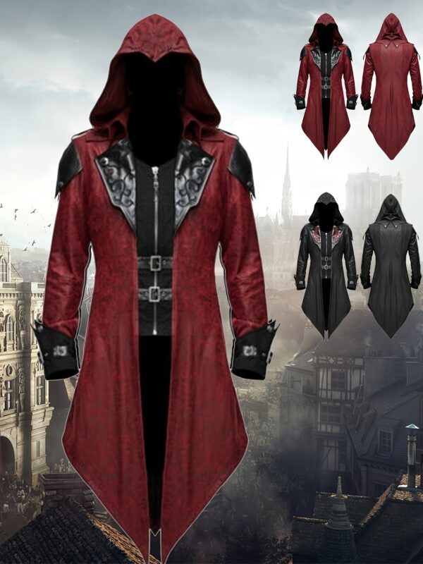 68a3b53e-61c4-4bd8-a519-7eaea3bd241f.jpg 3pcs Gothic Assassin Cosplay Costume Set - Men'S Vintage Red & Black Polyester Coat with Embroidered Details, Ditsy Floral Pattern, V-neck Collar, Slight Stretch, Loose Fit - Steam Punk Style Hooded Jacket with 2 Wristbands