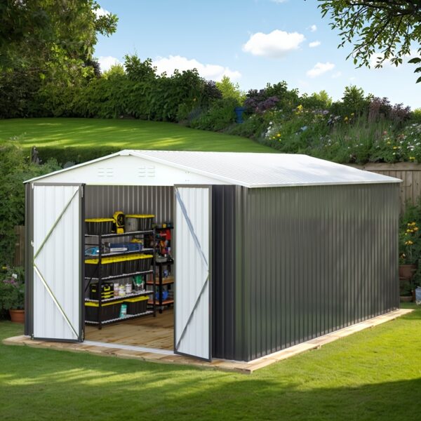 68e6f062-26a7-409d-a9f0-125c74f4b19e.jpg 10 X 14 FT Outdoor Storage Shed - Metal Garden Shed with Updated Frame Structure - Tool Shed for Backyard, Garden, Patio, or Lawn - White Top with Access Doors - For Homeowners & Gardeners - Perfect for Organization & Storage
