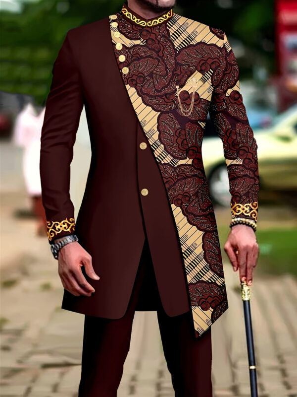 Men'S Formal & Everyday Two-Piece Suit - Elegant Brown & Golden Accent Business Casual Outfit, Loose Fit Non-Stretch Fabric, Button-Up Blazer & Pants for Weddings, Office, Parties - Formal Attire, Party Wear, Geometric Pattern, Durable Construction, Stylish Blazer, Professional Men, Office Attire, Classic Design, Highquality Material, Corporate Wear