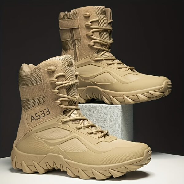 Men's Tactical Hiking Boots - Anti-Slip Shock-Absorbing Rubber Sole, Heavy-Duty All-Terrain Anchorage, Breathable High-Ankle Boots for Military, Camping, Running, Jogging - Beige Outdoor Boots (All-Season Use), Hiking Gear, Camping Footwear, Ergonomic Boot Design, Durable Fabric Upper, Military Footwear, Rugged Footwear, Reinforced Stitching, Active Lifestyle