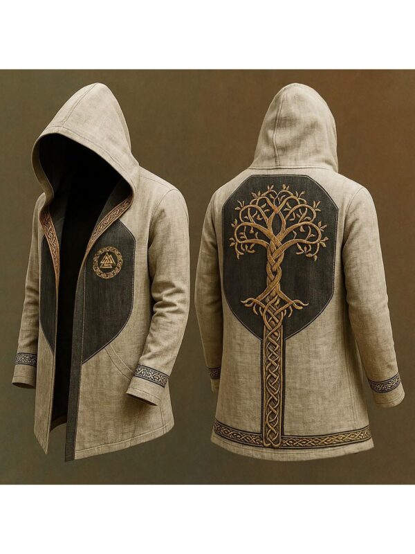 Men'S Medieval Norse Mythology Hooded Jacket - Beige & Black Viking Coat with Hood, Full-Zip Closure, Loose Fit Motorcycle Outerwear for Renaissance Fairs, Cosplay, Casual Attire - All-Season Streetwear Coat, Cosplay Costume, Street Fashion, Durable Fabric, Cosplay Enthusiasts