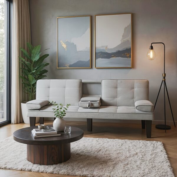 65-Inch Modern Foldable Sofa Bed with Removable Armrests and Two Cup Holders, Adjustable Recliner Chair for Living Room, Convertible to Bed, Hardwood & Fabric, No Power Needed, Bedroom Furniture, Contemporary Design, Polyester Upholstery