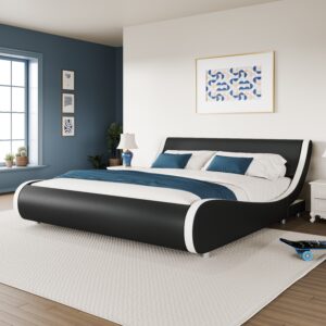 WEEWAY Modern Upholstered Platform Bed Frame - Faux Leather Sleigh Bed With Adjustable Headboard, Strong Wood Slats Support, No Box Spring Needed - For Adults - Suitable for Bedroom - Perfect Gift for Housewarming
