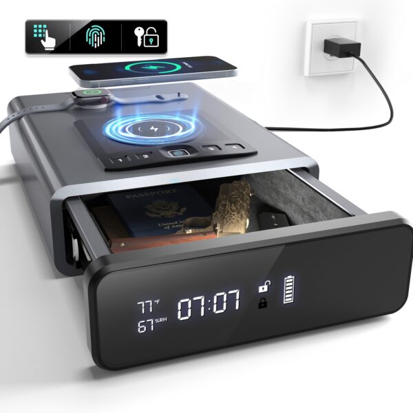 Biometric Gun Safe with Fingerprint Lock, LED Clock & Wireless Charging Station - Heavy-Duty Metal Construction, Backlit Keypad, LED Light, Smart Home/Phone Integration, Bedside Storage & Jewelry Safe - Ideal Gift for Men, Fathers Day - Gun Safe with Power Backup (Batteries Included) - 2-in-1 Watch & Mobile Charging, DOJ Pistol Safe, Secure Fingerprint Recognition, Compact & Portable Design