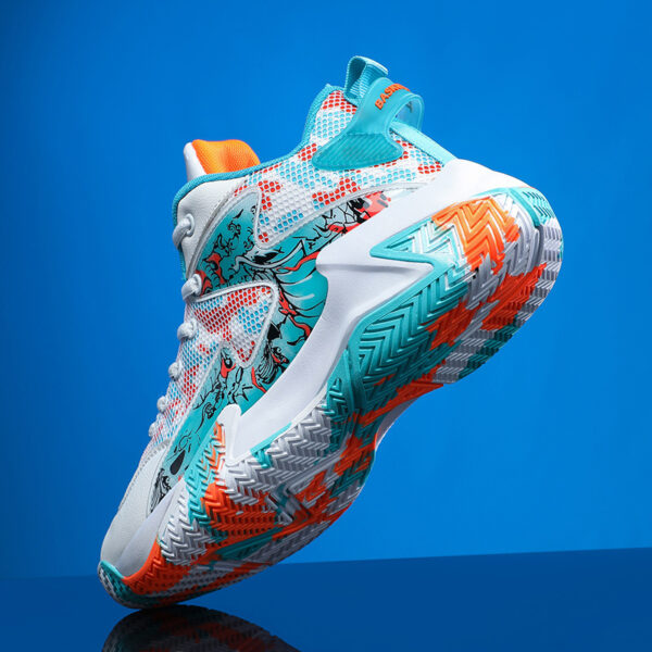 Men's Basketball Shoes - Breathable Mid-Top Sneakers with Cushioned Synthetic Insole, Non-Slip Rubber Sole - Turquoise/Orange/Black/White Colorway for Basketball, Running, Gym - All-Season Sneakers, Basketball Gear, Sports Footwear, Sporty Street Style, Comfortable Footwear, Casual Sportswear, Durable Construction, Performance Footwear, Active Lifestyle