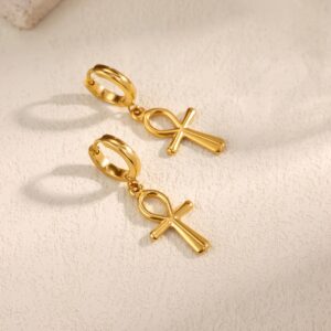 [Elegant Ankh Cross Earrings] Elegant Golden-Tone Ankh Cross Dangle Hoop Earrings for Women - 304L 304 Stainless Steel, Perfect for Parties, Weddings, and Gifts, Party Accessories|Elegant Earrings|Detailed Craftsmanship