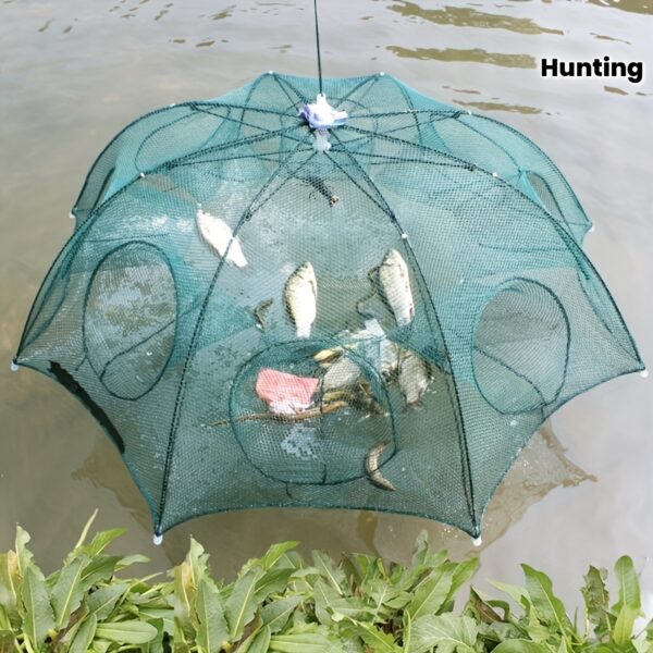 1pc Green Foldable Hexagonal Fishing Net with 4-6-8-10 Holes - Portable Polyester Trap for Small Fish, Crayfish, Crabs | Ideal for Hunting & Fishing Gear | Perfect Christmas Gift, Fishing Gear | Hexagonal Net Design | Durable Fishing Net