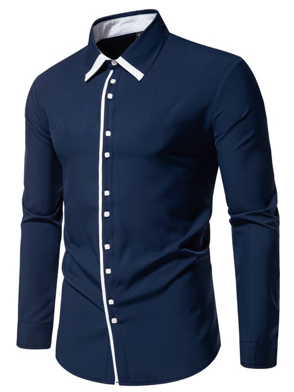 Men's Casual Long Sleeve Shirt with Triangular Collar and Contrast Buttons - Polyester Blend, Regular Fit, Suitable for All Seasons