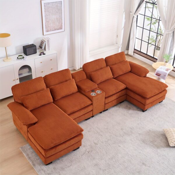 124" Comfortable Fluffy Corduroy Living Room Combination Sofa with Double Recliner And Deep Seat, U-Shaped Cloud Sofa Combination Sofa with Center Console USB Port