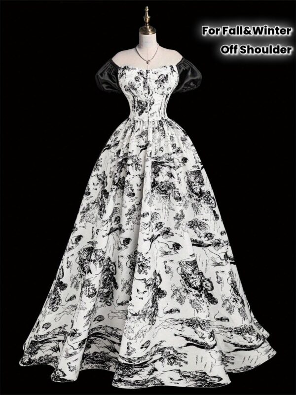 Women's Elegant Off-Shoulder/One-Shoulder Long Princess Puff Dress with Floral Print - A-Line Floor-Length Formal Party Wedding Dress, Machine Washable, Autumn Winter Seasonal Wear, Ruffled Hem & Structured Bodice for Special Occasions