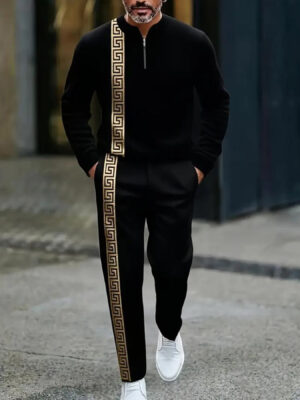 European And American Autumn And Winter New Men'S Greek Key Pattern Sports Set - Half Zipper Stand Up Collar Top, 2pcs Set with Side Tape Pants, High-Quality Polyester Fiber Fabric, Wrinkle Resistant And Easy to Maintain, Suitable for Daily Commut