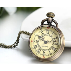 Vintage Roman Numerals Bronze Quartz Pocket Watch Pendant Necklace | Classic Open Face Timepiece for Men and Women | Retro Collectible Watch, Steampunk Necklace, Gift for Father’s Day, Birthday, Anniversary, Christmas