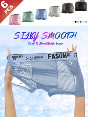 6pcs Men's Ice Silky Underwear - Breathable Boxer Briefs with High Elasticity, Mid-Stretch Fabric & Triangular Cut for Secure Fit, Multi-Color Options, Machine Washable for Casual Daily Wear & Sports, Comfortable Undergarments, Stylish Waistband, Smooth Texture, Active Men