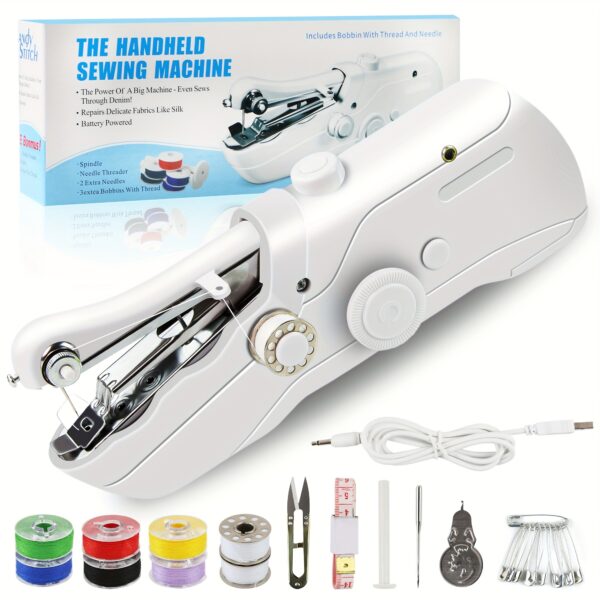 [Compact|Handheld] Compact Handheld Sewing Machine | Dual Power (USB-C & AA Battery) | Portable Mini Electric Auto-Feed Device – All-in-One DIY Kit with Thread, Scissors, Ruler, Binder Clips, Thimble & More for Beginners/Adults, Clothing Repair & Travel Use