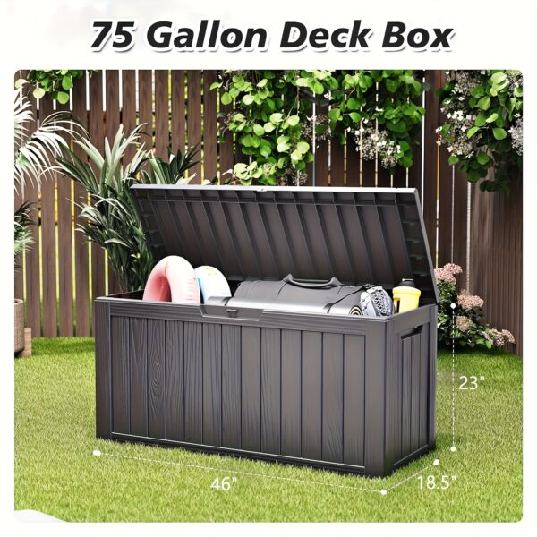 6db8ae35-8a9b-4796-b5ed-c6014c41f490.jpg 75-Gallon Heavy-Duty Outdoor Storage Box - Large Deck Box with Waterproof & UV-Resistant Construction, Double-Wall Panels - Locking Lid, Lightweight for Garden, Patio, Backyard - Organize Lawn Equipment, Hose, Packages - Easy Assembly (Black/Gray), Deck Box for Outdoor Storage, Hose Organizer, Minimalist Design, Durable Plastic, Garden Enthusiasts, Box, Cabinet, Rack for Outdoor Storage