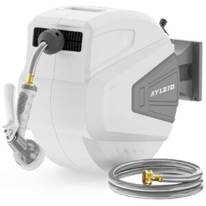 Ayleid Retractable Garden Hose Reel, 1/2 In X 65 Ft Wall Mounted Hose Reel, With 9- Function Sprayer Nozzle, Any Length Lock/Slow Return System/Wall Mounted/180°Swivel Bracket (Grey)