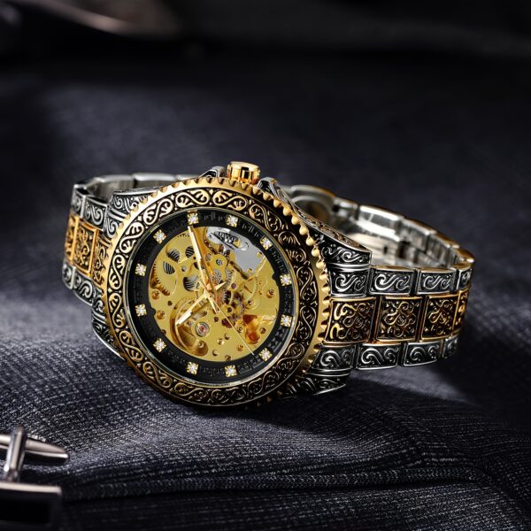 Men's Luxury Mechanical Watch - Automatic Movement with Skeleton Dial, Golden-Tone Hands & Black Dial, Stainless Steel Case, Chronograph-Free Operation, 24H Display, Elegant Watch for Business & Casual Wear, (Valentine's/Father's Day/Birthday) - Mechanical Watch for Men with Back, Golden-Tone Bezel, Black & Golden Dial, Analog Timepiece, No /Electricity Use