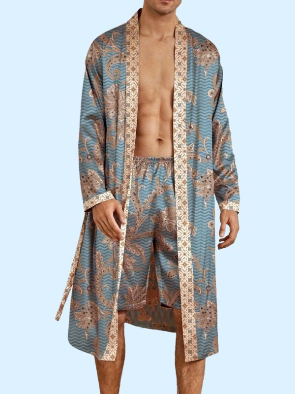 [Long Sleeve V-neck Sleep Robe] Men's Sleep Robe, Elegant And Light Luxury Pajamas Set, Stylish Gorgeous Floral Print, V-neck Long Sleeve Sleep Robe And Shorts, Sleep Wear Robe Set For Home Wear