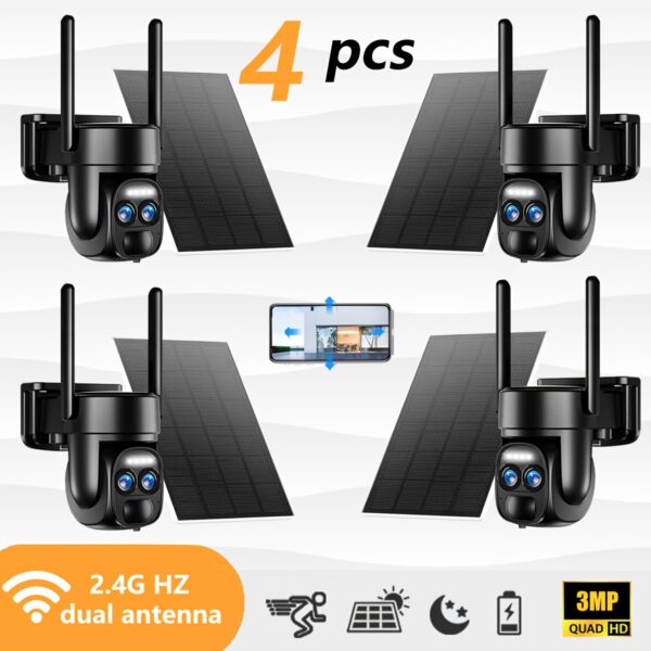 4pcs Hawkray Solar Security Wireless Outdoor Camera, 3MP Resolution 360° Pan Tilt Control, 10X Zoom, Two-Way Audio With Spotlight Siren PIR Motion Detection.