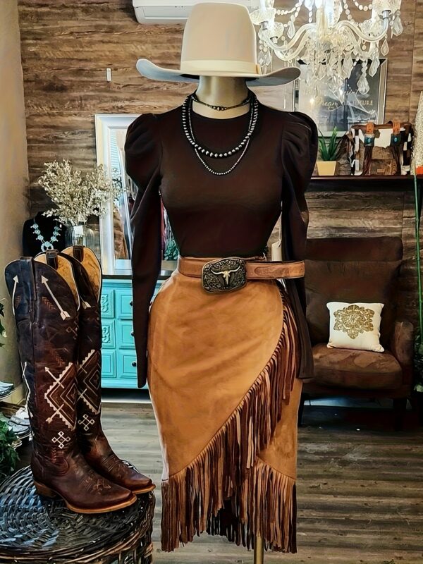 Women'S Elegant Asymmetrical Fringe Skirt - Vintage Style, Brown Faux Leather with Black Belt, Casual & Versatile for All Seasons, Perfect for Cowboy or Western-Themed Outfits, Cowgirl Skirt