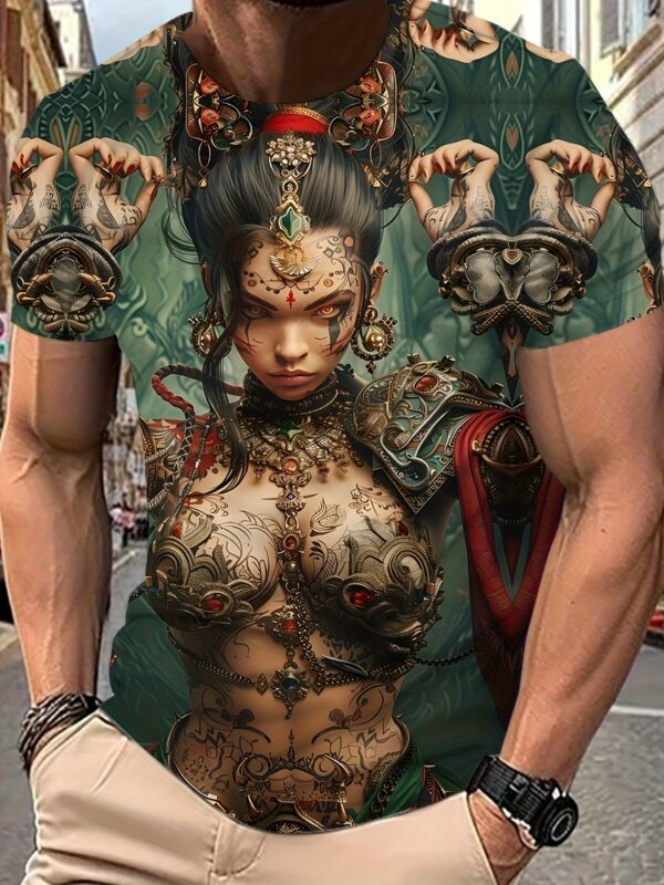 [Samurai T-Shirt] Dark Green Samurai 3D Printed Graphic T-Shirt | Men's Casual Crew Neck, Short Sleeve, Slight Stretch, Regular Fit, Summer Casual Wear