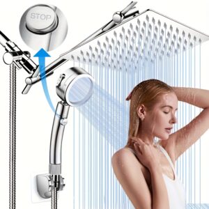 1pc Stainless Steel Modern Square Rainfall Shower Head & Handheld Shower System with Diverter Control, 12" Large Rain Shower Head, 78" Long Hose & 11" Extension Arm, Wall-Mounted Black/Chrome Finish, Powerful Massage Jets, Easy Installation for Contemporary Bathrooms, Polished Finish, Durable & Corrosion-Resistant, Versatile Showering Experience with Rainfall and Handheld Modes, Rainfall Shower Head with Handheld, Shower Accessories, Double Shower Head,