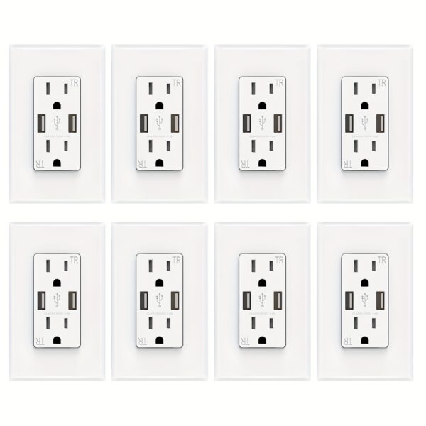 6f523f2f-1cff-49bc-a95a-18a7512f62fd.jpg 3-Pack/8-Pack ELEGRP USB Wall Outlet with Dual 4.0A Ports, 15 Amp Tamper-Resistant Charging Power Outlet, High-Speed Charging, Glossy White, UL Listed w/ Wall Plate Included, Home Charging Station | Modern Wall Plate | Durable Construction