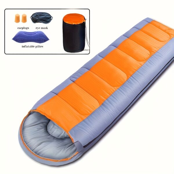 Winter Warm Sleeping Bag with Hood, Insulated Polyester Sleeping Bag for Adults, Includes Eye Mask, Earplugs, and Inflatable Pillow, Camping Essentials|Cozy Sleeping Arrangement|Zippered Sleeping Bag