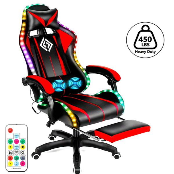 RGB Gaming Chair with LED Lights and Massage Ergonomic Computer Chair High Back Video Game Chair with Footrest and Adjustable Lumbar Support Linkage Armrest