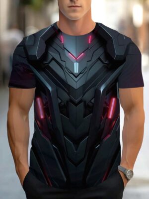 Men's 3D Armor Print T-Shirt - Futuristic Blue & Pink Graphic Design, Regular Fit Round Neck, Bold Statement Tee for & Casual Wear, Machine Washable Novelty Shirt