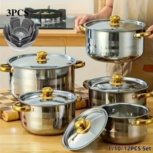 10/12/1pc Stainless Steel Cookware Set - Kitchen & Dining Essential for Induction Cooking, Stockpot, Ricotta Pot, Double Handle with Pot Lid, Suitable for Soup, Hotpot, Pasta, Seafood Soup, Rice Cooker